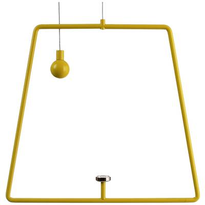 Yellow, trapezoidal lamp with a light bulb and a small cylindrical element in the centre at the bottom.
