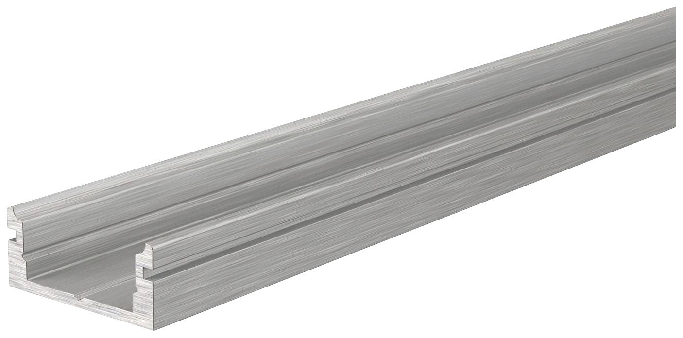 Aluminium L-shaped metal rail for securing panels or other materials. Smooth, silver surface.