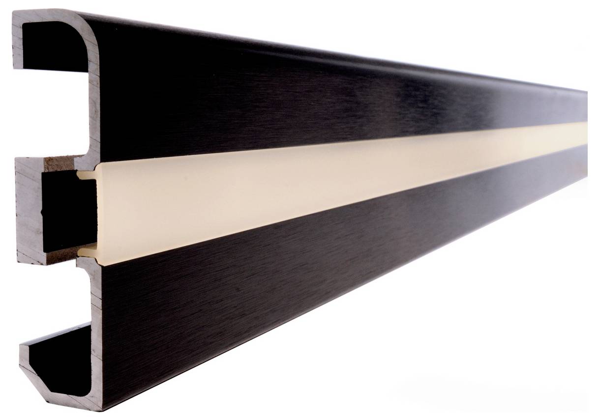 Cross-section of a black and cream metal extrusion profile, shown diagonally on a white background.