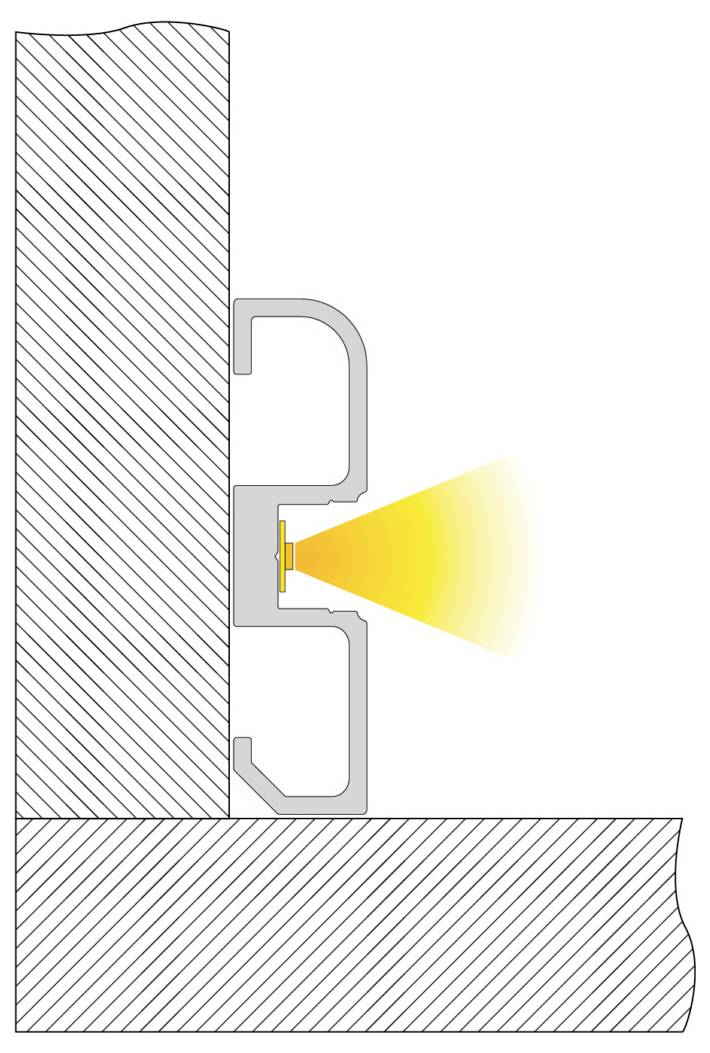 Cross-section of a wall-mounted sensor or detector projecting a yellow beam outward from its housing into open space.