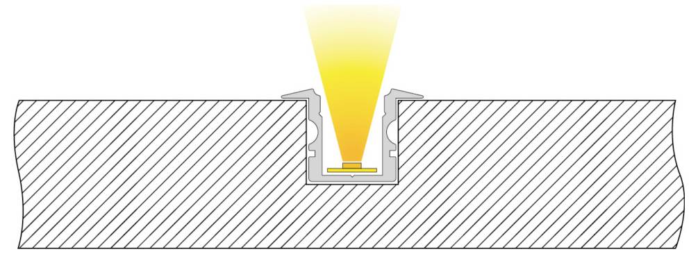 Cross-section diagram of a groove in a metal block receiving a yellow beam or tool centered in the channel, showing a fitted insert or weld joint.