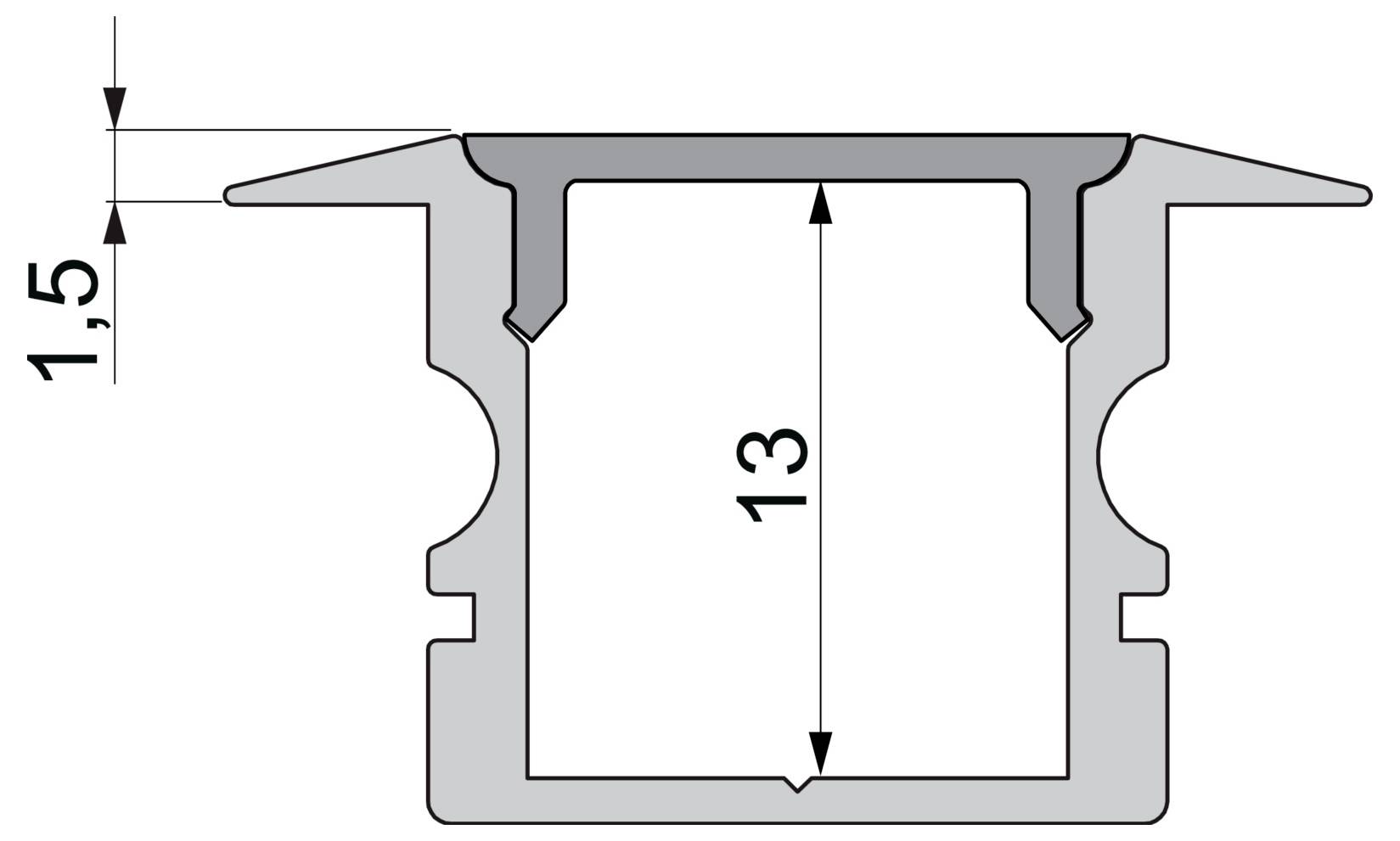 Cross-section of a gray extruded profile with a central rectangular channel, shown with dimension arrows labeled 1.5 and 13.<br>