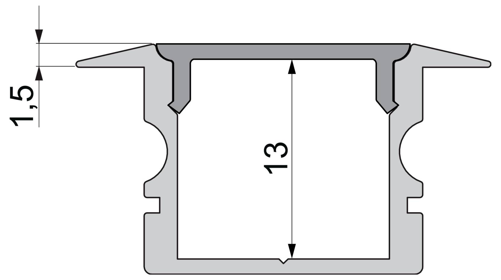 Cross-section diagram of a rectangular channel profile with a top flange, showing 13 mm internal depth and 1.5 mm flange thickness.