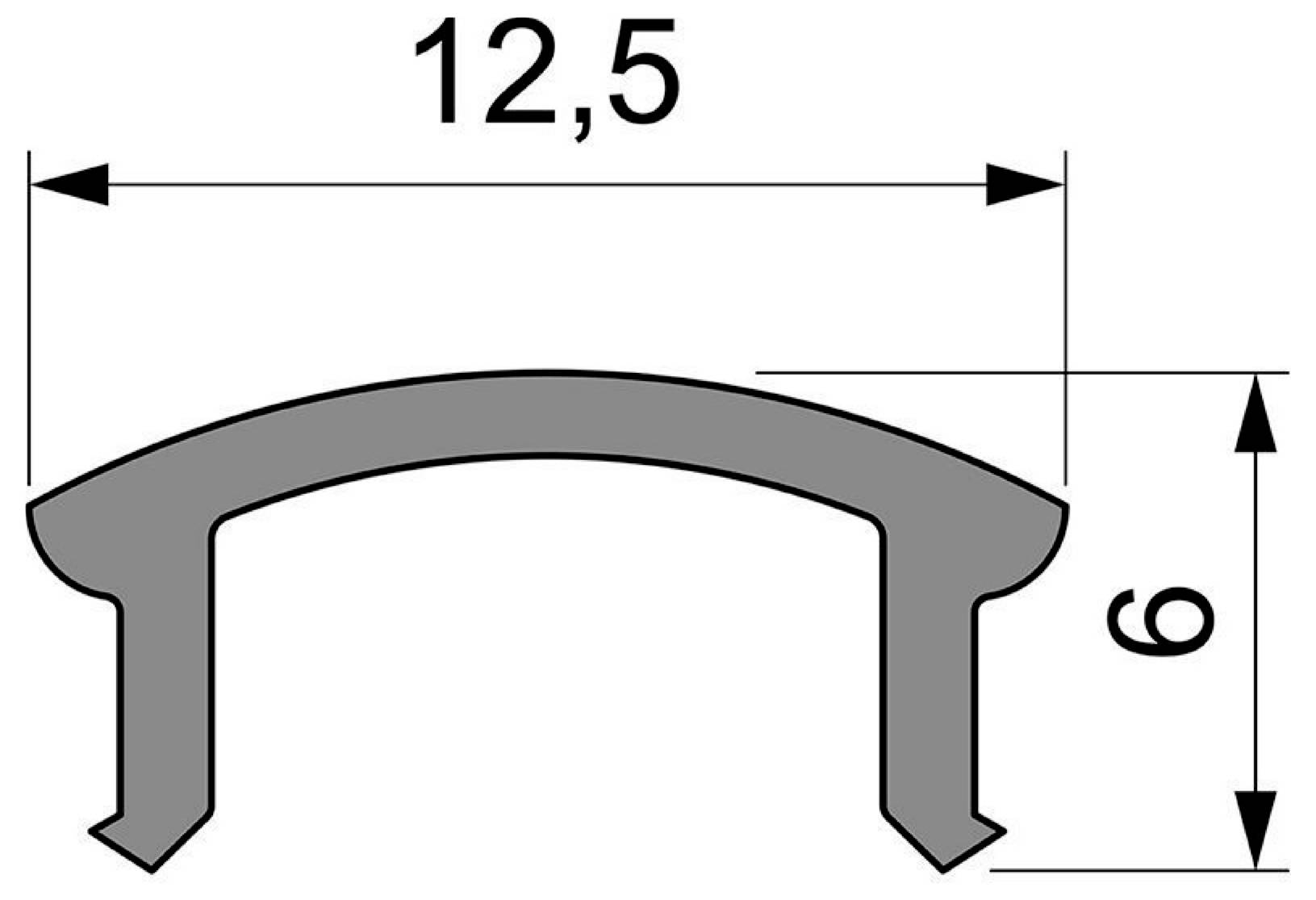 Cross-section diagram of a gray arched trim/profile with dimensions: 12.5 wide and 6 high.<br>