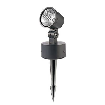 A black, adjustable LED garden spotlight with ground spike for illuminating outdoor areas.