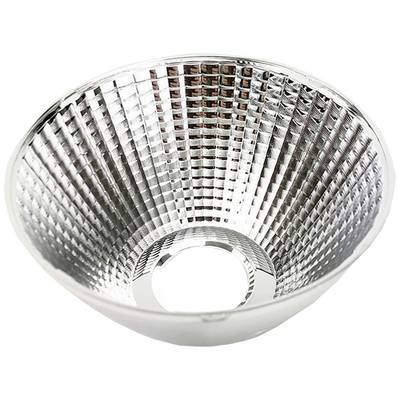 Metallic reflector shell with a gridded surface, conically shaped, with a reflective inner surface, suitable for lighting purposes.
