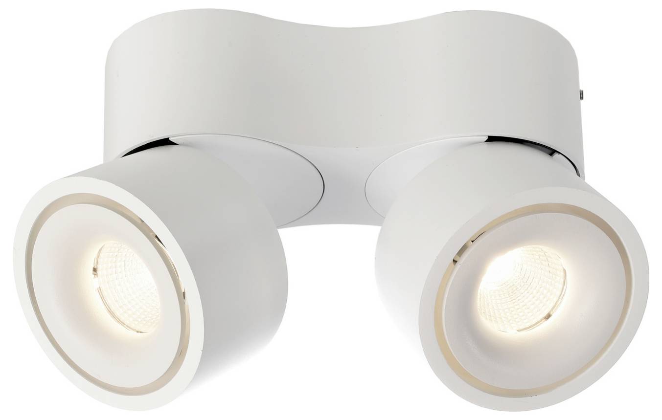 Two-light white ceiling spotlight fixture with adjustable round lamp heads, both illuminated.<br>