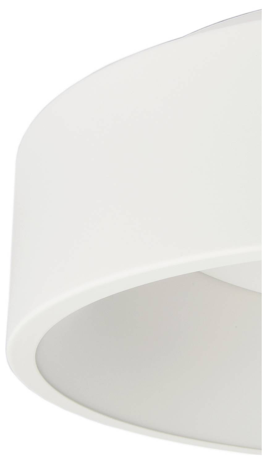 Close-up of a white curved ceiling light or lamp shade, shown from below against a plain background.
