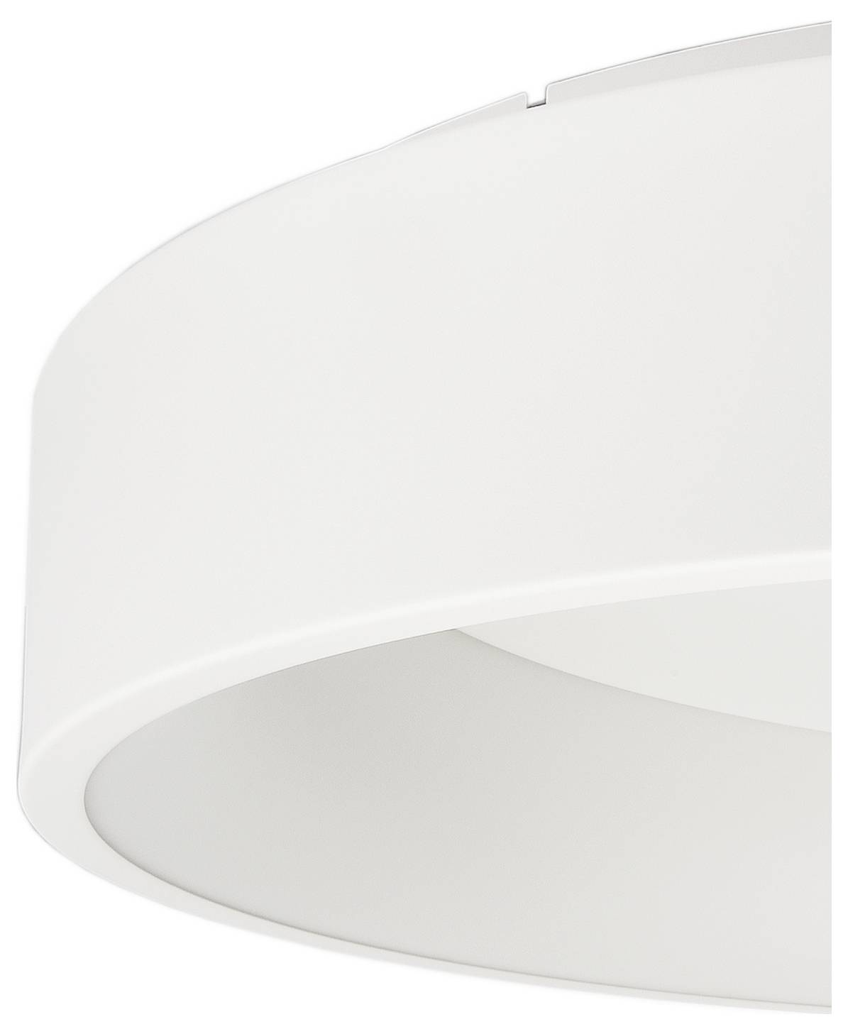 Close-up of a white cylindrical ceiling light fixture with a curved frosted shade.