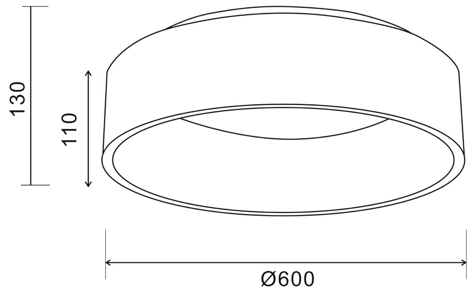 Technical drawing of a cylindrical light fixture, showing dimensions: 130 height, 110 inner height, and 600 mm diameter.