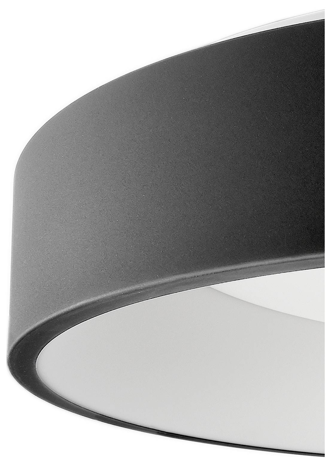 Close-up of a modern black curved ceiling lamp shade with a white diffuser underneath on a plain background.