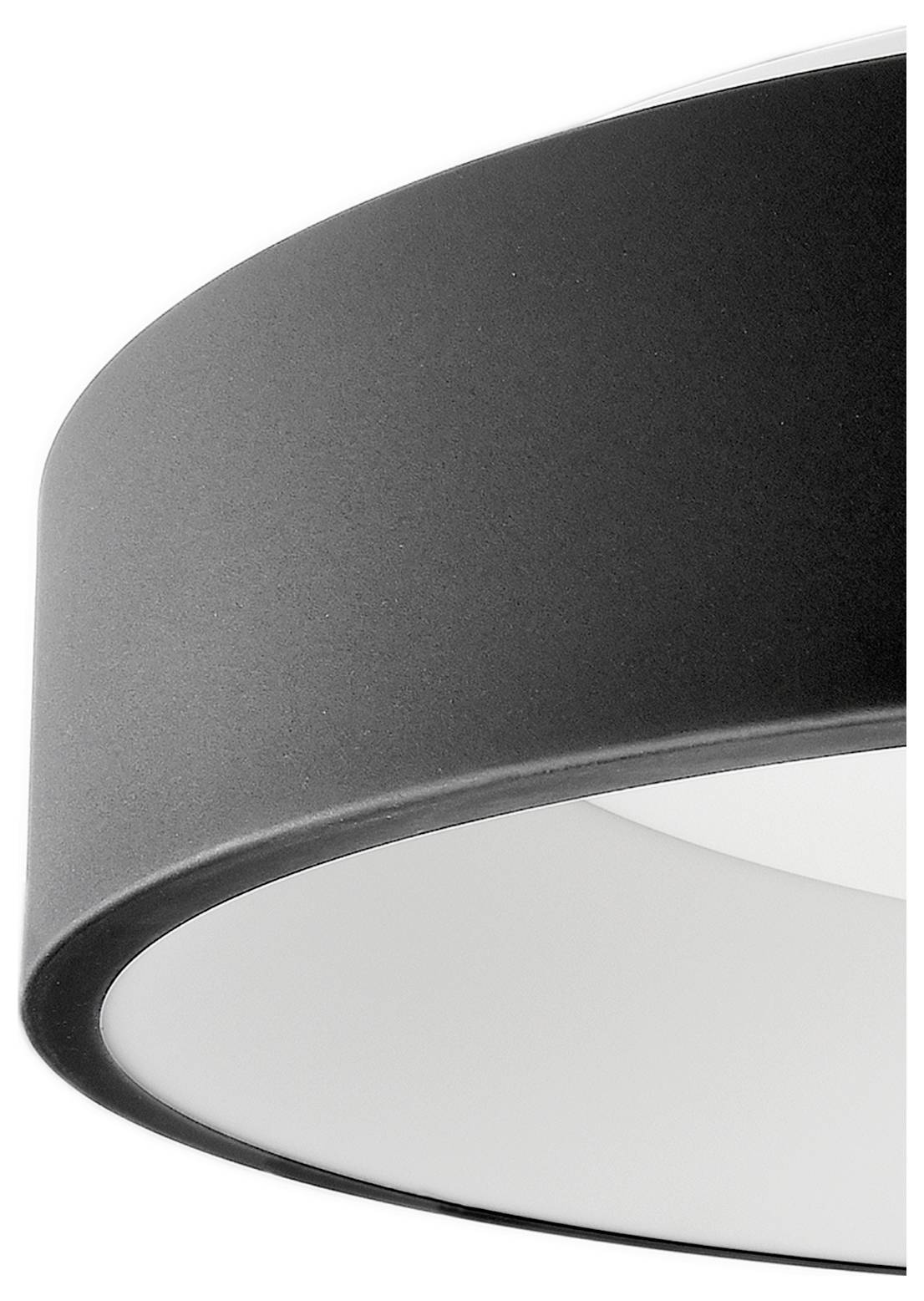 Close-up of a modern black pendant lamp with a curved shade and white diffuser against a light background.