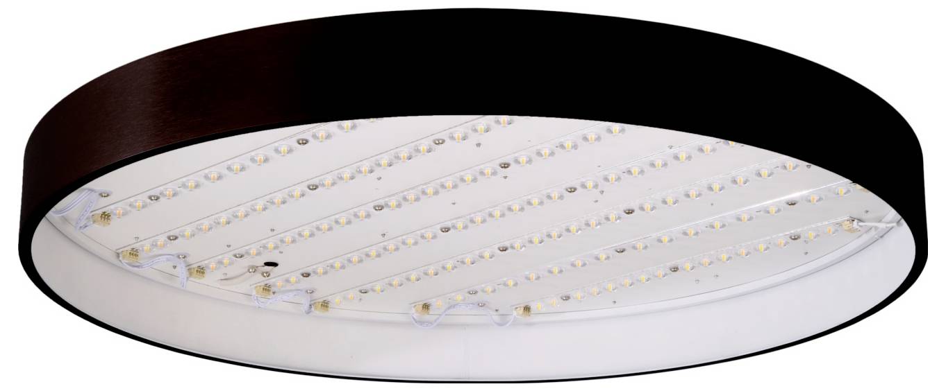 Round LED ceiling light fixture with many small lights arranged in curved rows inside a black-rimmed white housing.