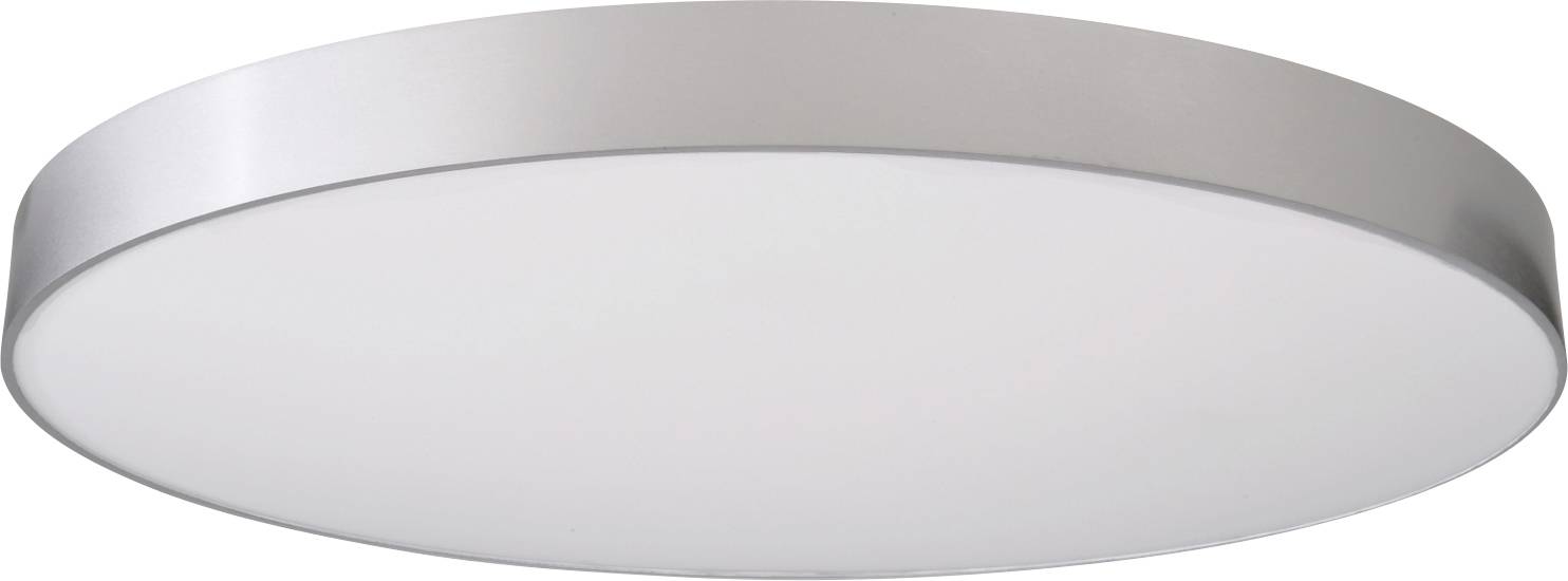 Round ceiling light with silver frame and matt white illumination surface; modern design.