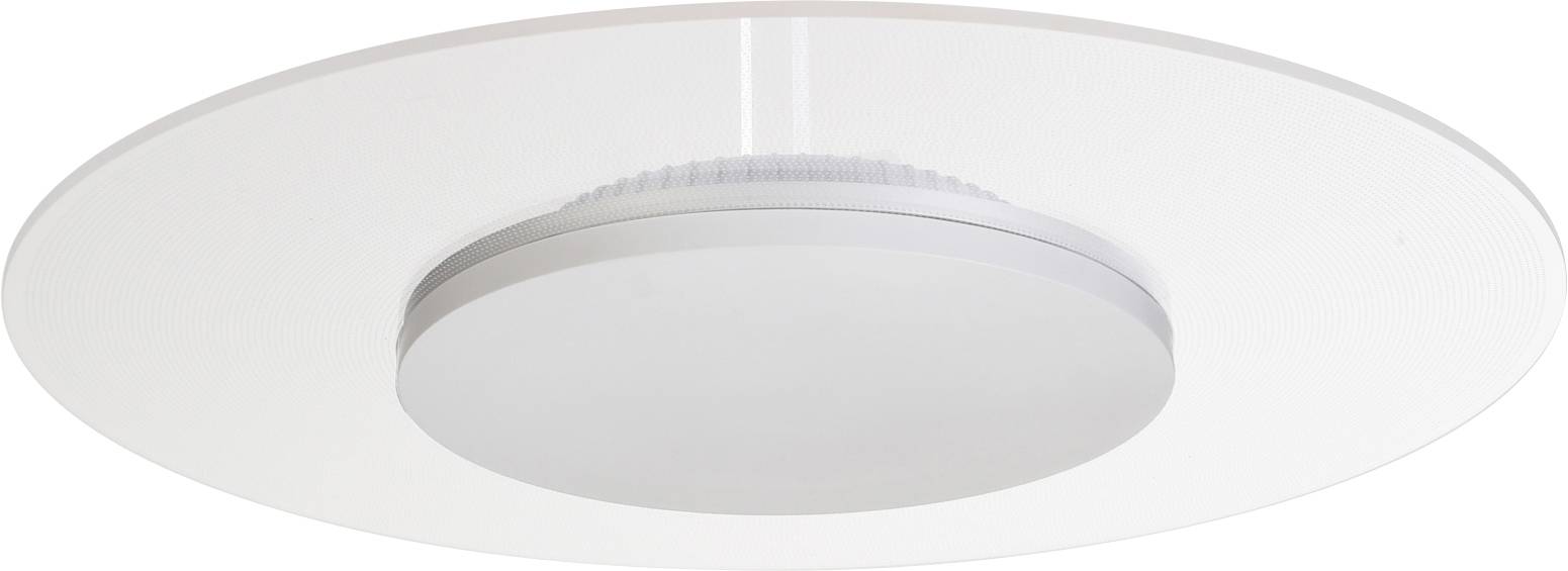 Round white ceiling light fixture with a central circular diffuser and wide outer trim.