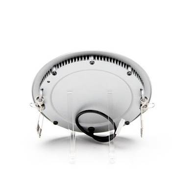 Underside of a circular LED panel with metal hooks and a black cable serving as the power supply.