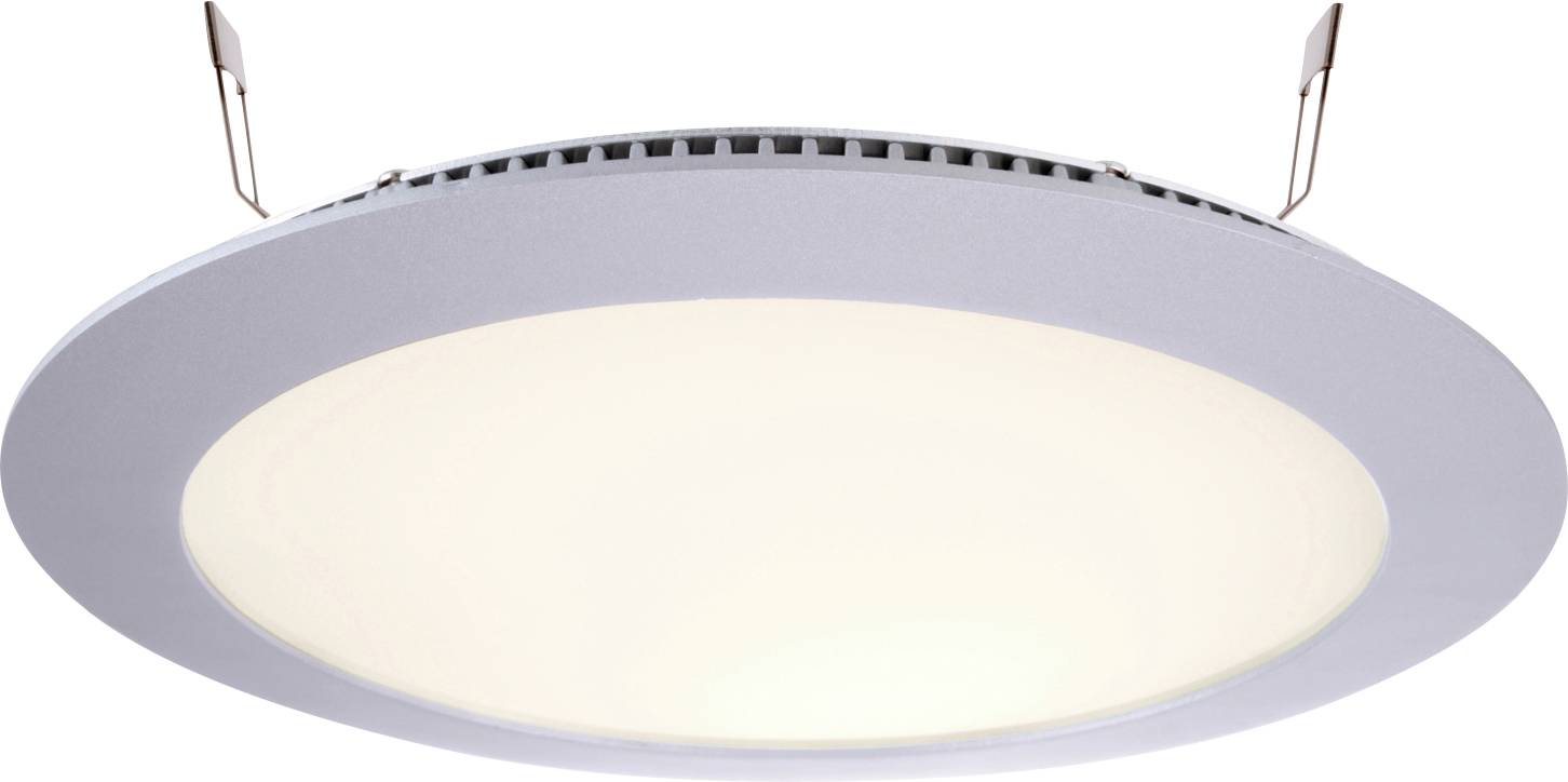 Flat, round LED ceiling light in white, suitable for indoor use. Mounted to the ceiling using two brackets.