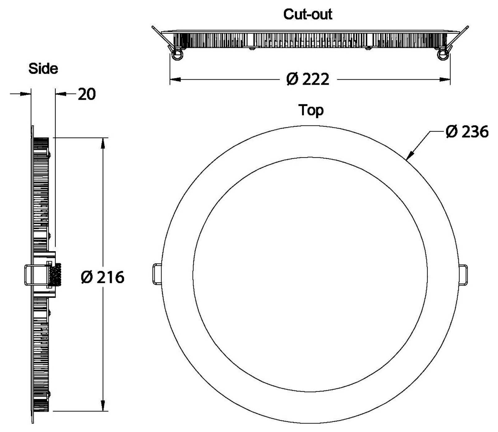 Technical drawing of a round light fixture showing side, top, and cut-out views with dimensions Ø236 outer, Ø216 body, and Ø222 cut-out.
