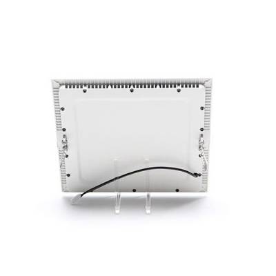 Rear view of a white electronic device on a transparent stand, with a visible black cable and screws.