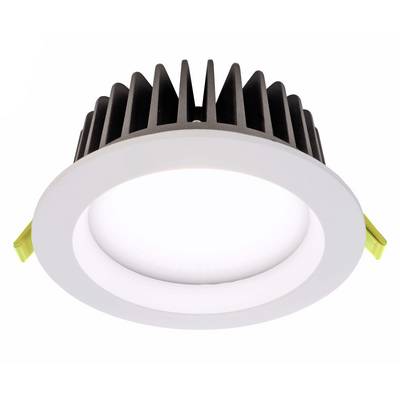 A round LED recessed spotlight with a white frame, black heatsink, and two yellow terminals on the sides.