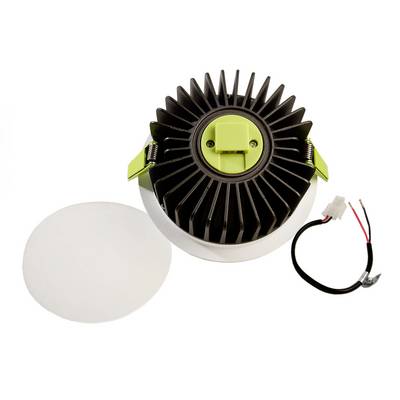 LED ceiling recessed light with heat sink, removable diffuser and two wires. Suitable for energy-efficient lighting solutions.