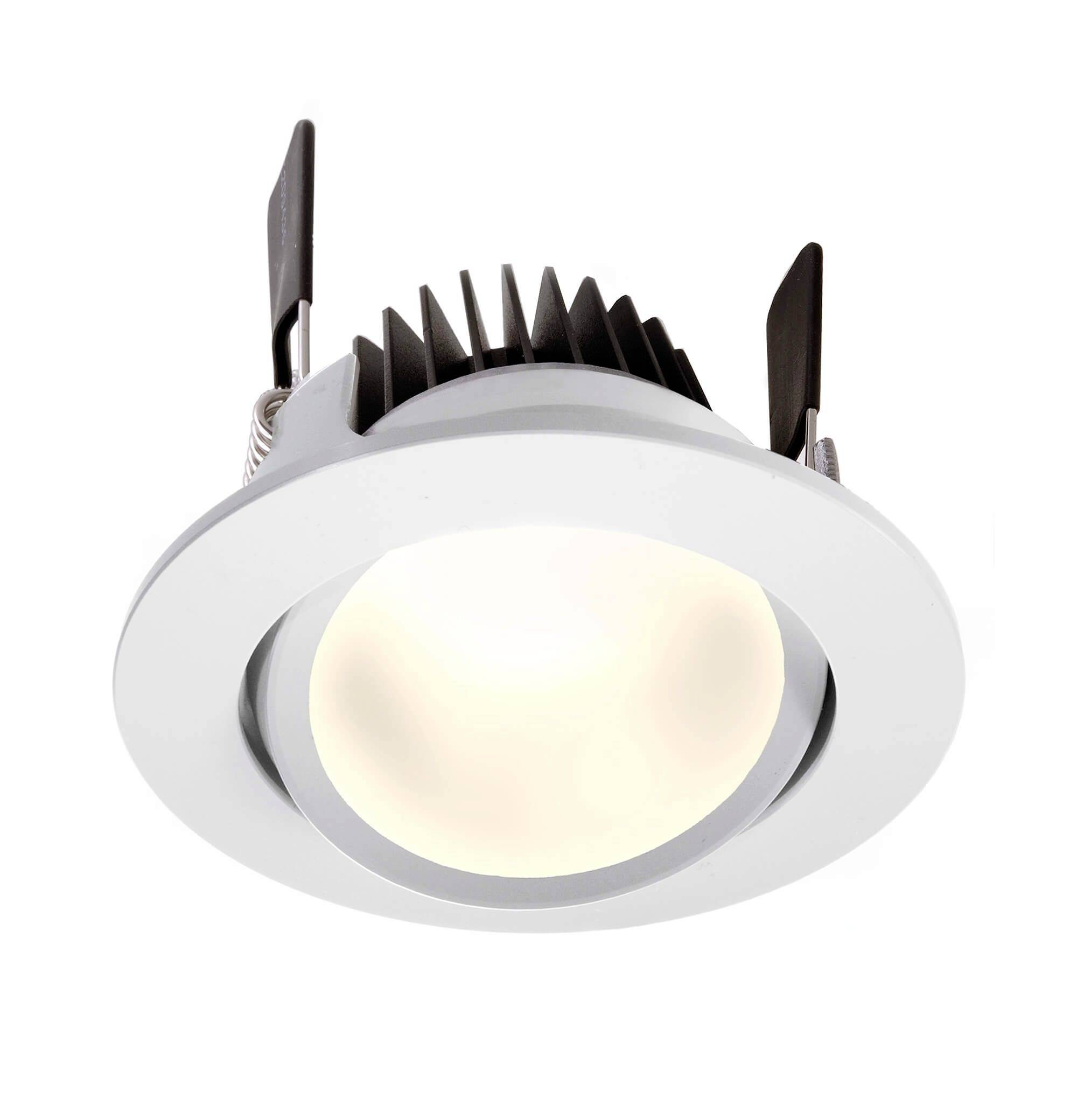 A round, white LED ceiling recessed spotlight with cooling fins and clips for mounting. Ideal for energy-efficient lighting.