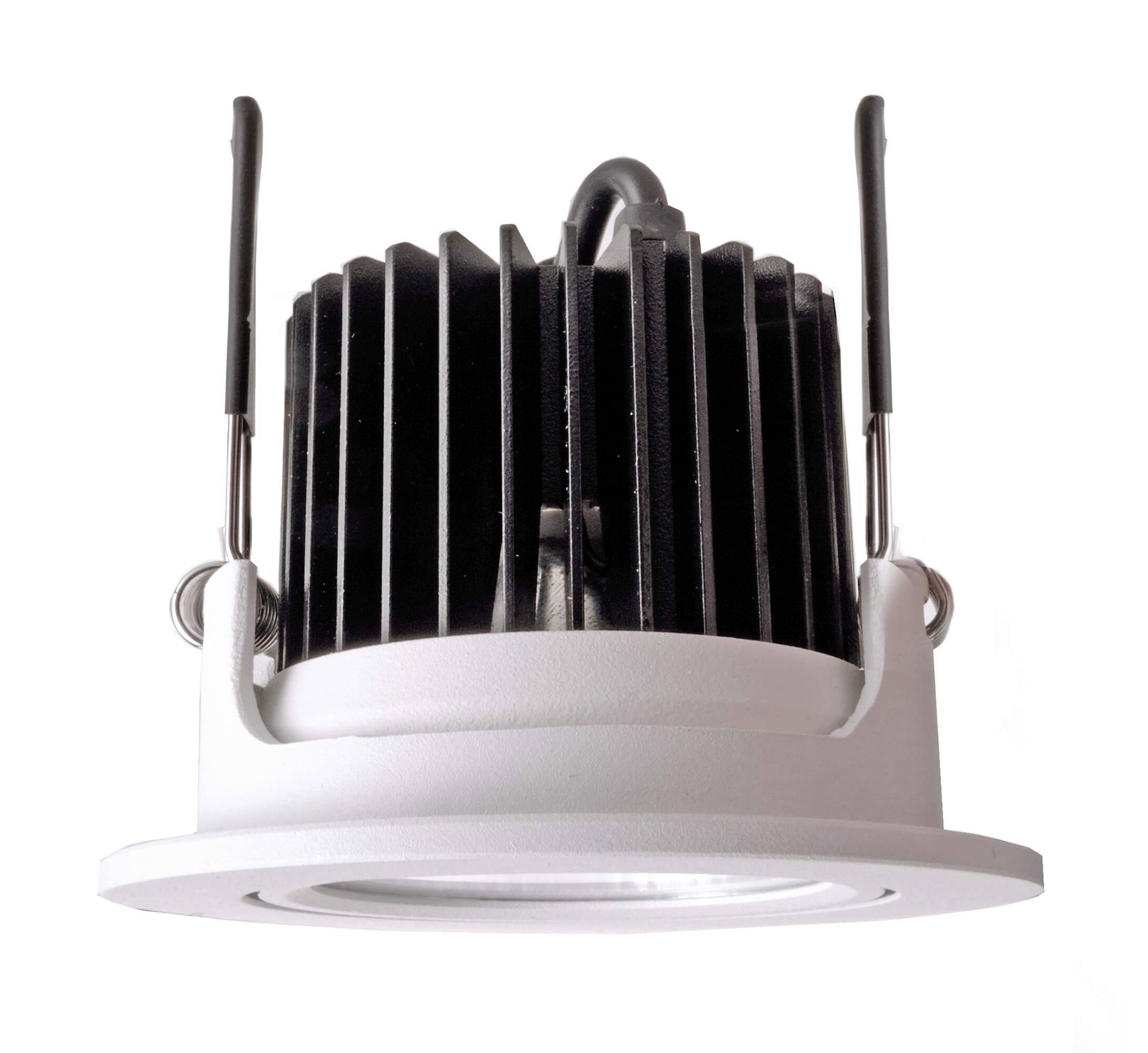 A round LED ceiling spotlight with a ribbed heatsink and black mounting brackets, suitable for use in suspended ceilings.