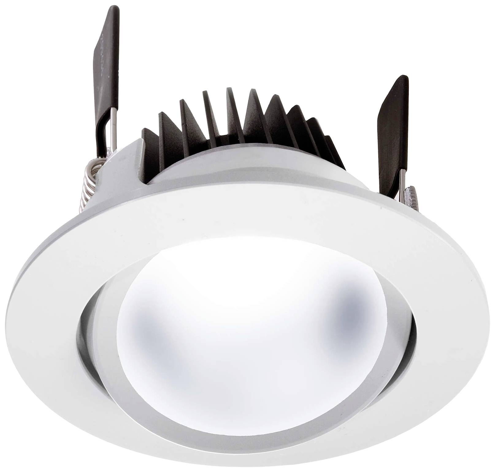 Round, white LED recessed spotlight with heat sinks and two black mounting clips.
