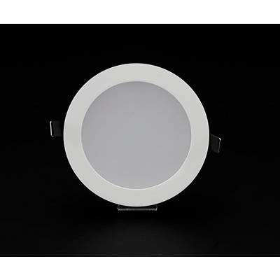 A round, white LED spotlight for ceiling mounting against a black background. Suitable for interior lighting with adjustable mounting bracket.