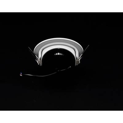 Black round LED ceiling spotlight against a dark background, with two mounting brackets and a protruding cable.