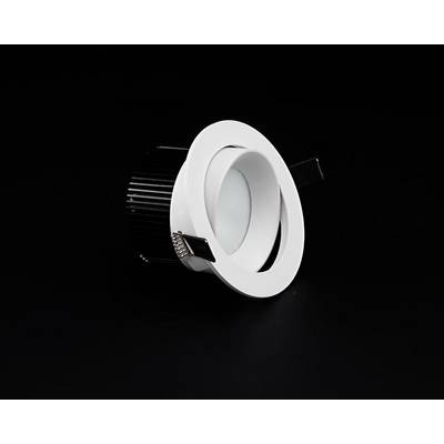 A rotatable, round LED recessed ceiling spotlight in black and white on a black background.