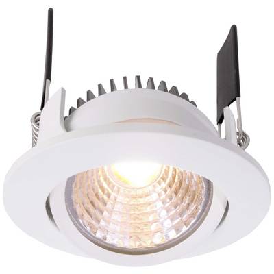 Recessed light with circular design, central LED light, silver heat sinks on top, and two black mounting brackets.