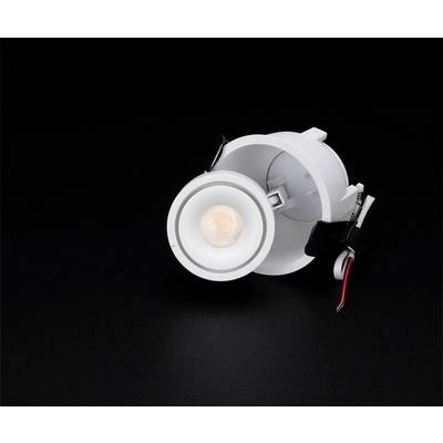 White, round LED ceiling light on a black background, showing warm, yellowish light and exposed mounting with cables.