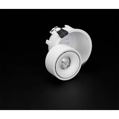 Recessed light fitting with a round, white housing, set against a black background. Illumination element visible at the front. Modern design.