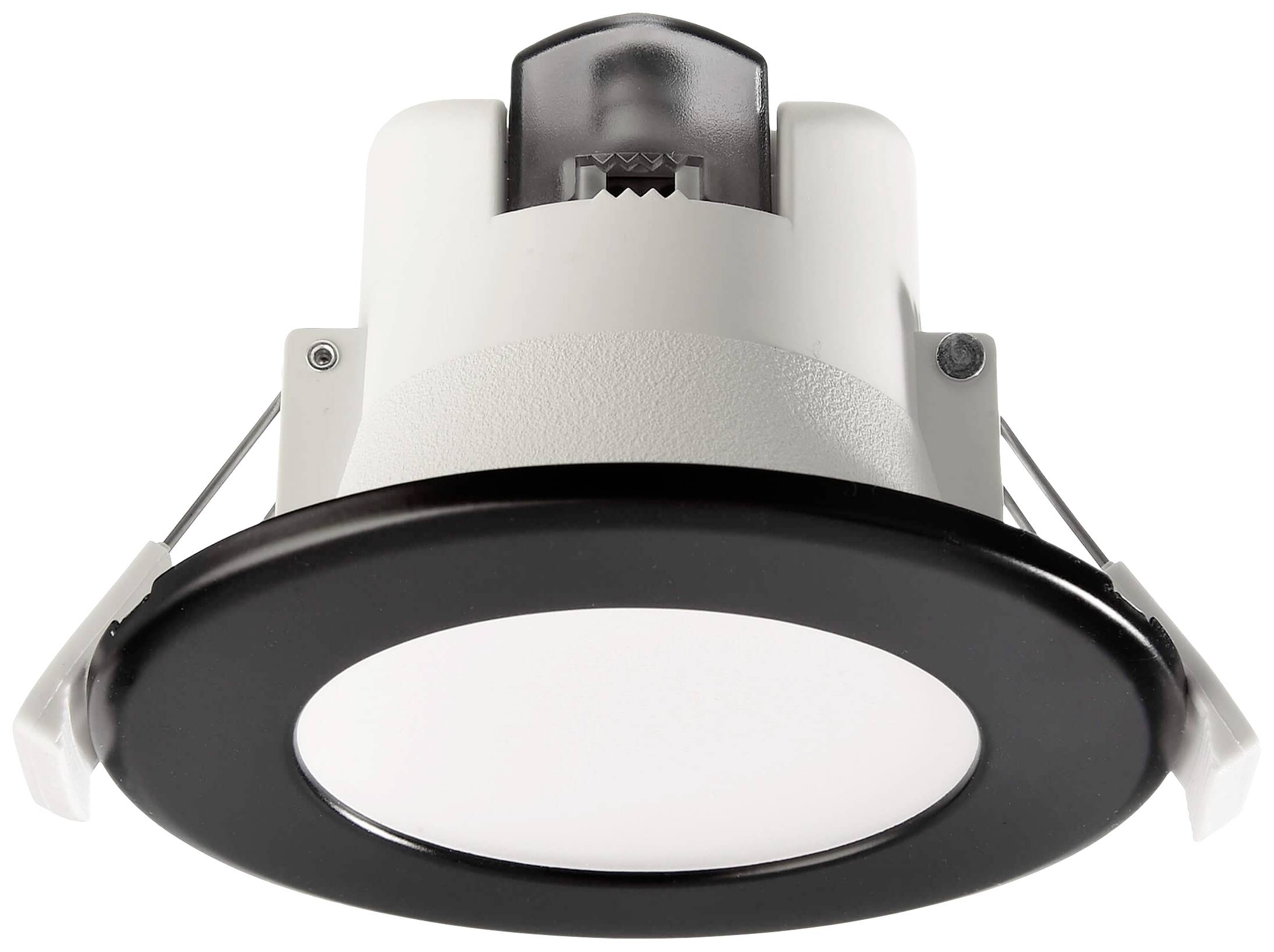 Round LED ceiling light with black frame and adjustable mounting brackets, suitable for recessed ceiling installation.