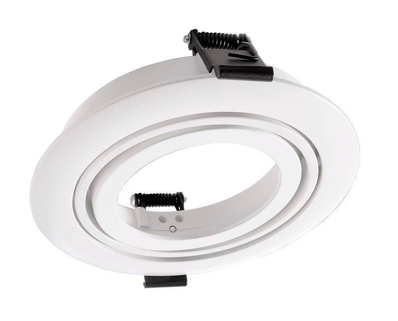 A round, adjustable LED recessed mounting frame in white with two retaining clips, suitable for installation in ceilings.