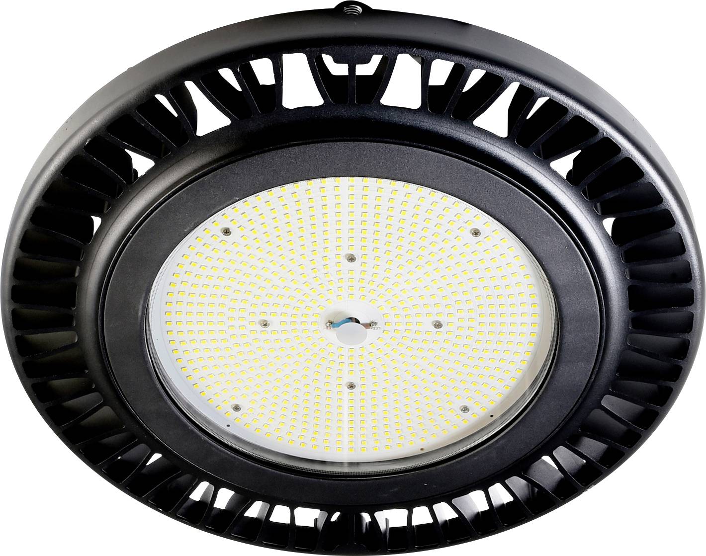 Industrial LED ceiling light with a round, black housing and numerous small, evenly distributed LEDs in the centre.