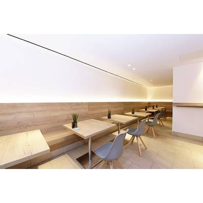 A modern café with wooden tables and grey chairs, against a wood-panelled wall with small plants on each table. Tranquil atmosphere.
