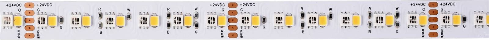 A LED strip with multiple small, evenly arranged orange and white LEDs on a white background.