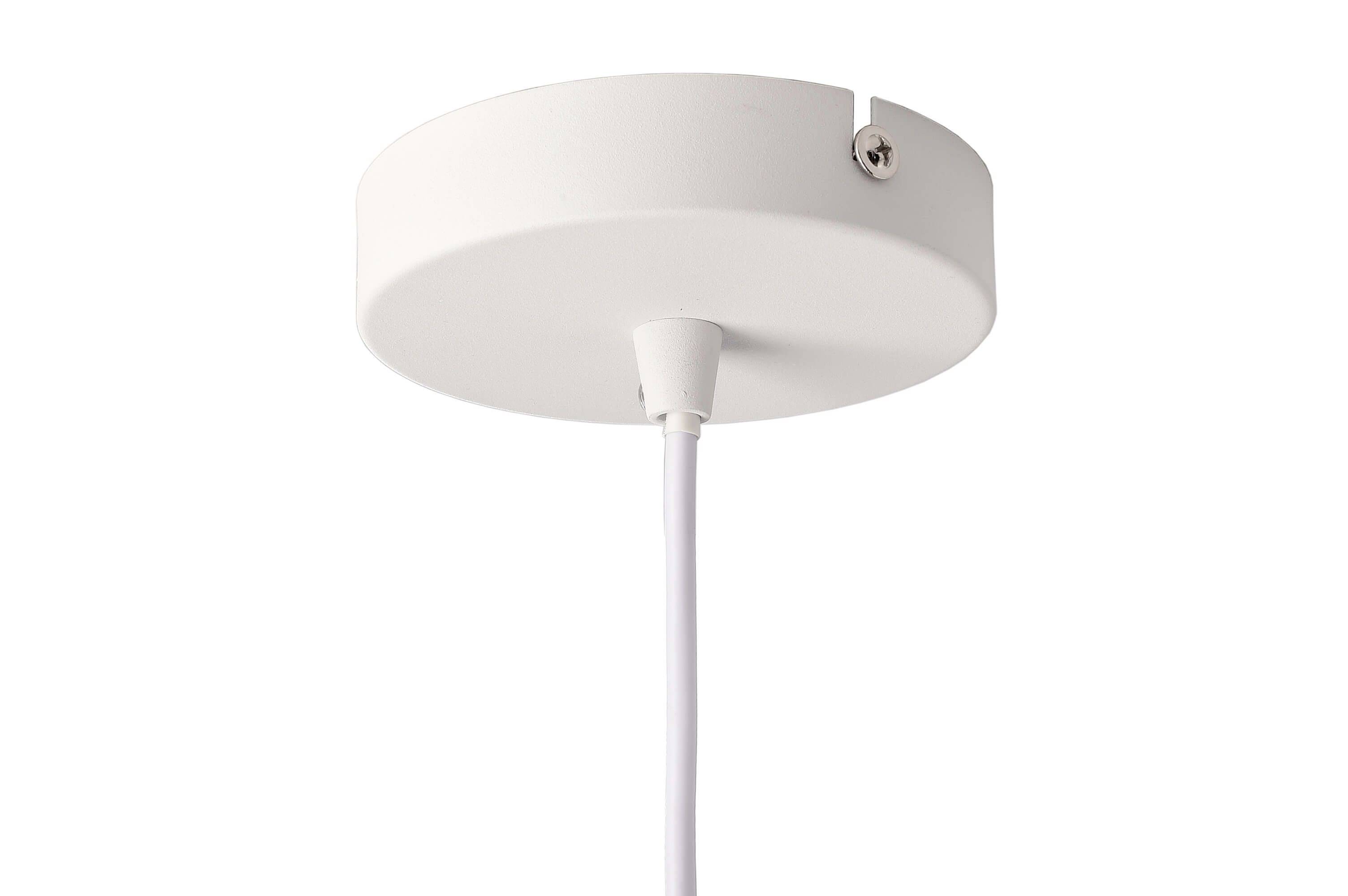 White, round lamp fitting on the ceiling with cable, secured by a screw.