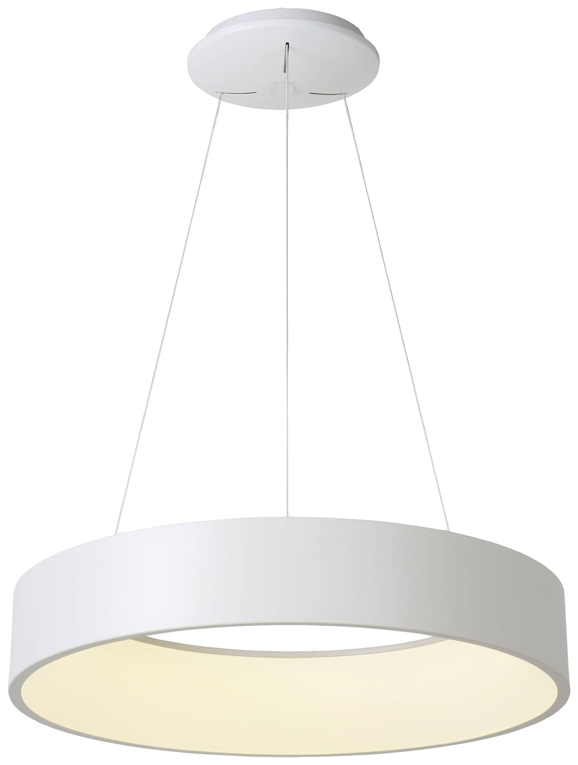 A contemporary, suspended ceiling light in white with a round, shell-shaped design that emits diffused, warm light.