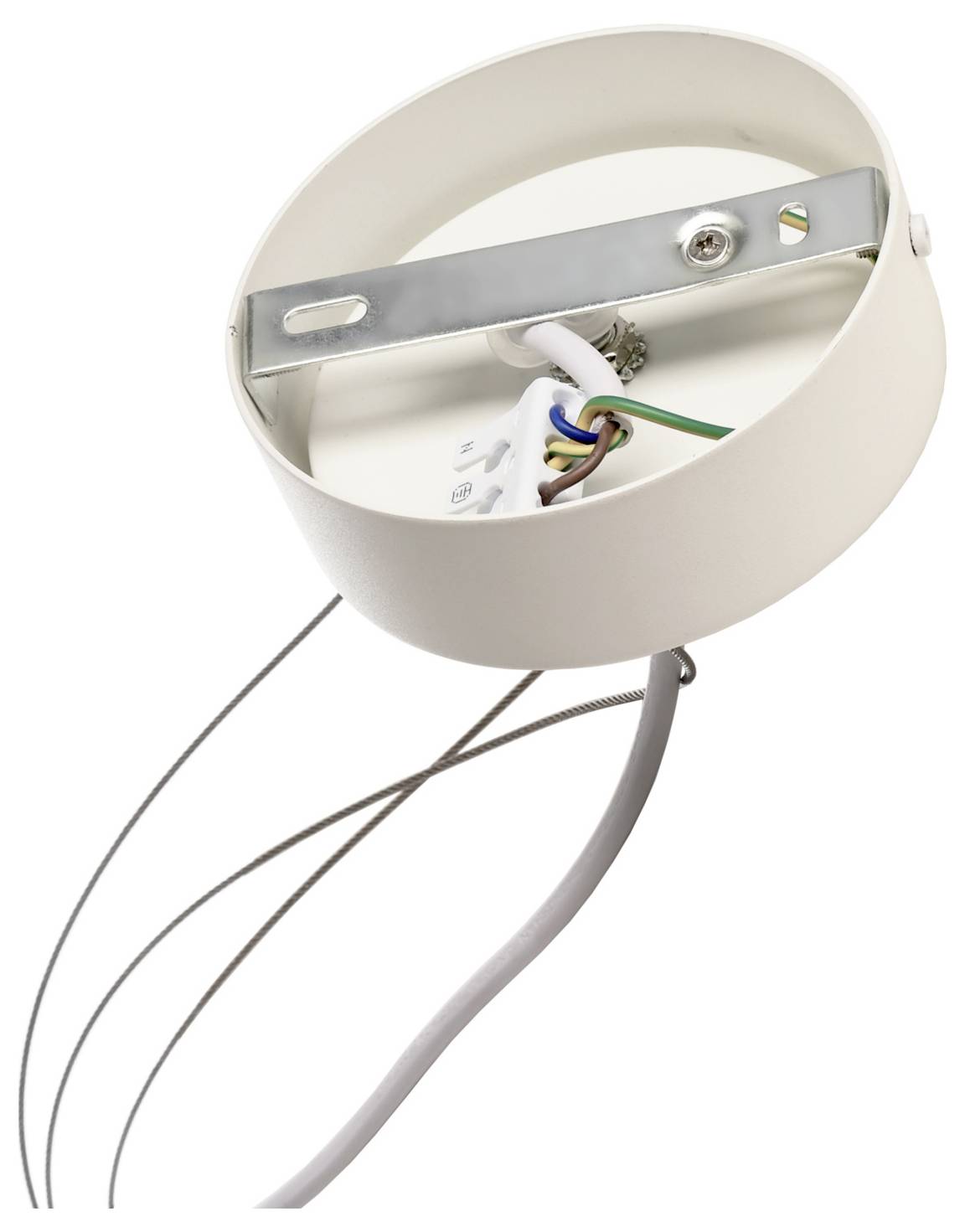 Close-up of a ceiling light fixture base with exposed electrical wires and a metal mounting bracket hanging from the cord.