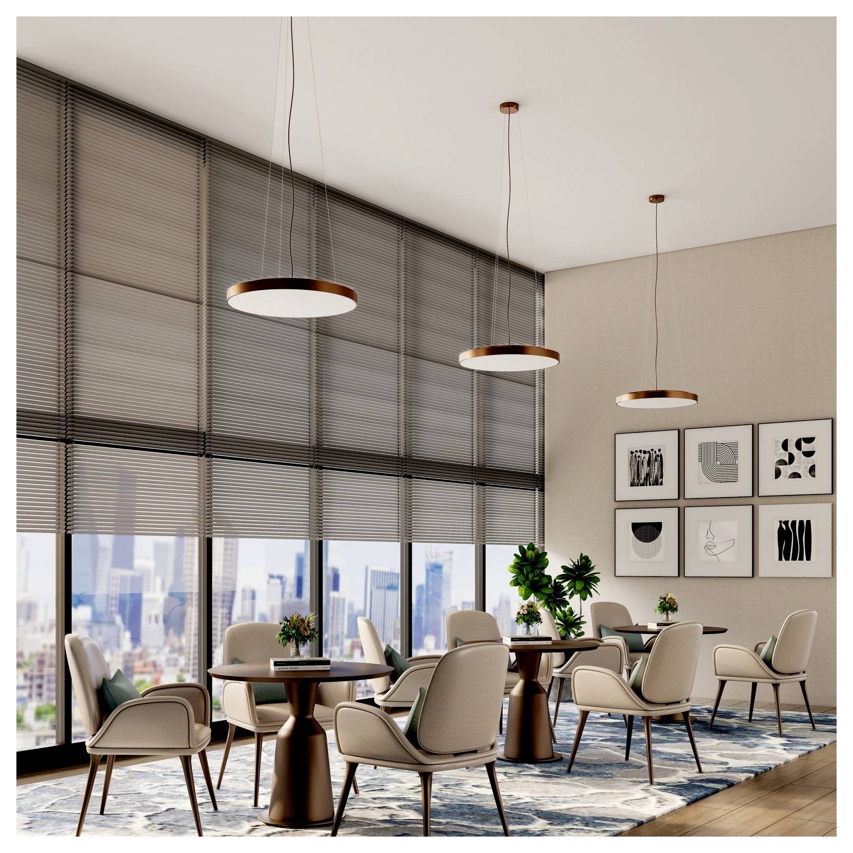 Modern lounge with round tables, beige chairs, hanging pendant lights, large windows with blinds, wall art, and city view.<br>