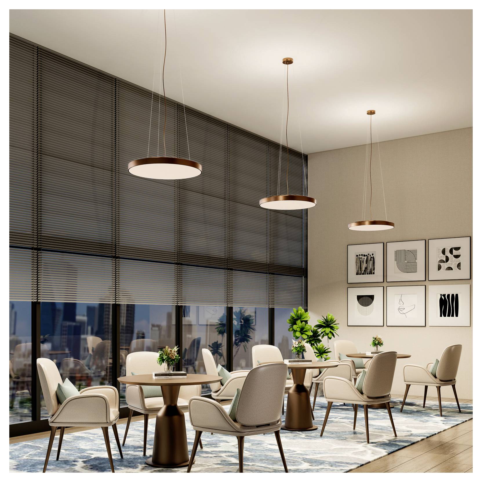 Modern cafe/lounge with round tables and upholstered chairs under pendant lights, beside large windows with city view and wall art.