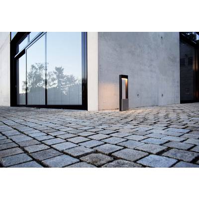 A modern building with large glass windows, surrounded by a paved ground. An outdoor light stands next to the wall.