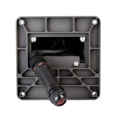 A black device socket with a cable connected at the front, surrounded by a rectangular frame with screw holes.