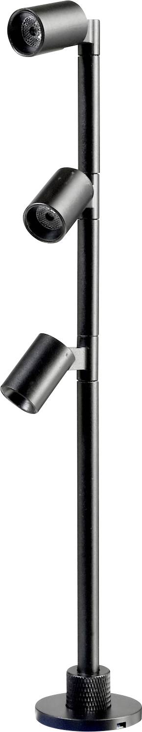 A black standing lamp with three adjustable spots arranged vertically. Ideal for accent lighting in modern spaces.