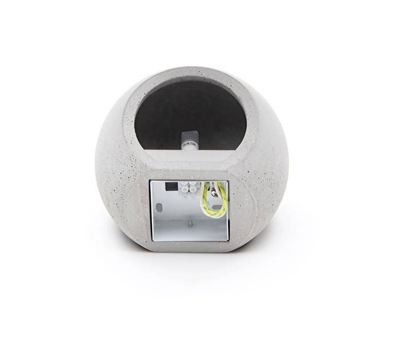 Grey concrete lamp in spherical form, open at the top. A cable connector is visible, intended for installation or decoration.
