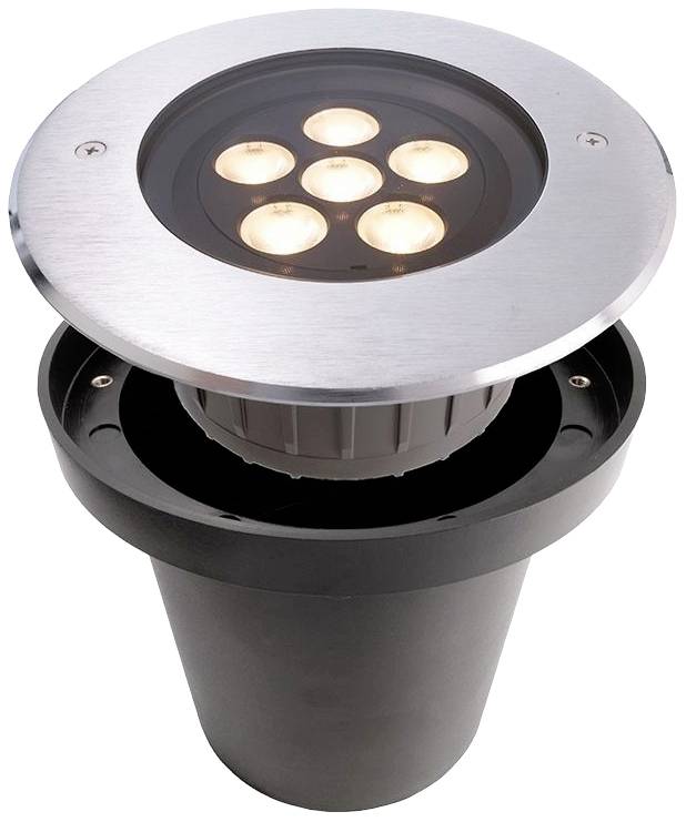 Round recessed light with six illuminating LEDs and silver metal housing, suitable for ground installation in outdoor areas.