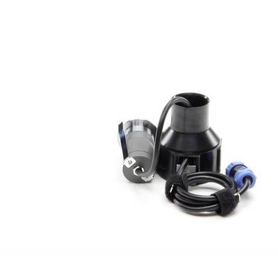 Black cable with black and blue connectors, on a white background. Electronic accessory part.
